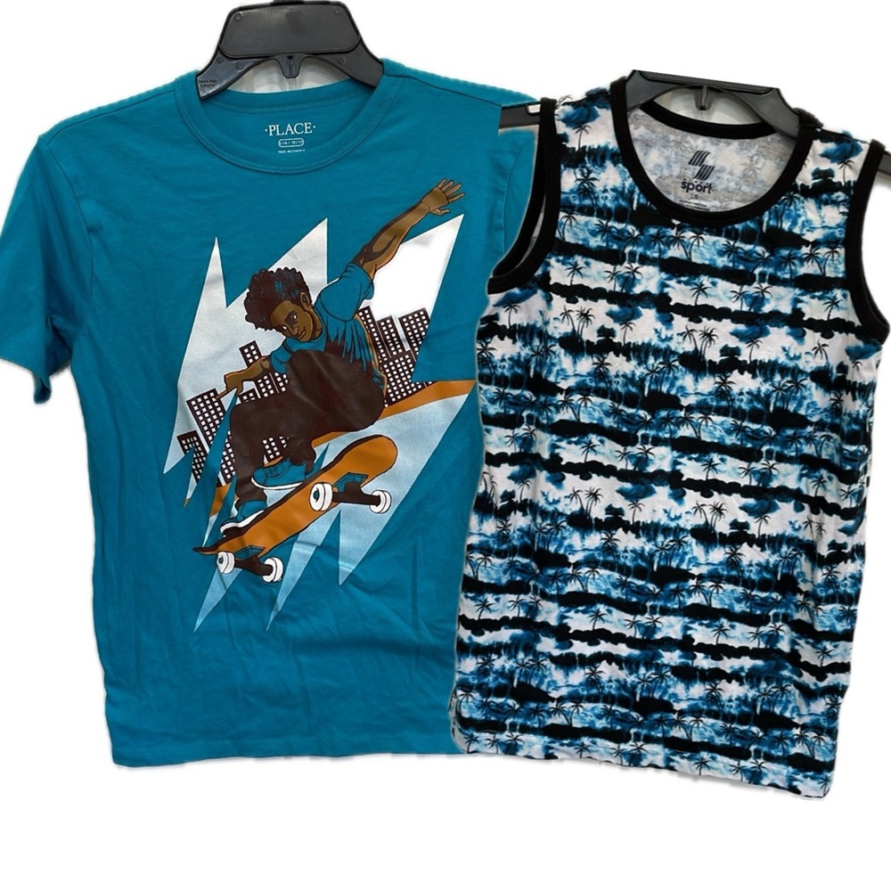 Lot of 2 The Children's Place Boys Teal Aqua Blue Skater Graphic T-Shirt & Tank